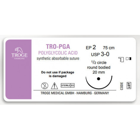 PGA - Polyglycolic Acid, with needle, 26mm, 1/2 diameter, cone cut, 75cm, USP 3/0,PGA73026B6