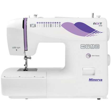 Sewing machine MINERVA Next 141D, electromechanical, 85 W, 14 sewing operations, LED, white-purple